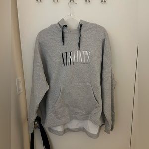 AllSaints Etienne oversized logo hoodie in grey marl